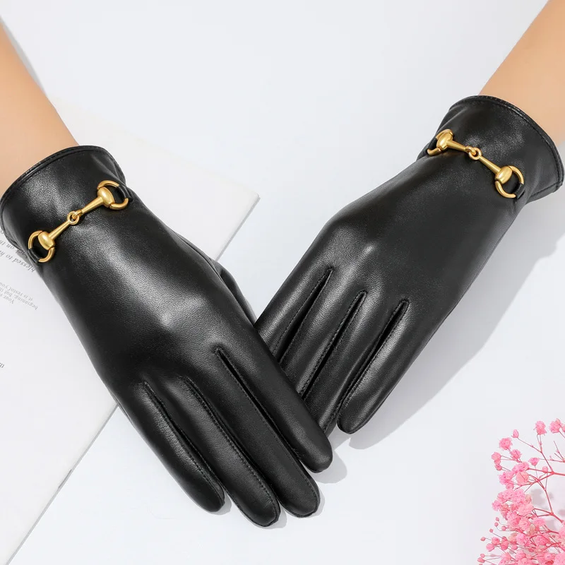 

Women's Autumn and Winter New Fashion Luxury 100% Genuine Leather Black Gloves Touch Screen Windproof Elegant Winter Warm Gloves