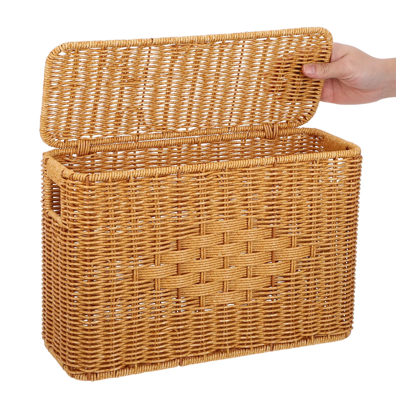 

14.9x10.4x5.89in Woven Storage Basket Tall Narrow Design with Lid Handwoven Imitation Rattan Box for Closet Bedroom Shelf Home