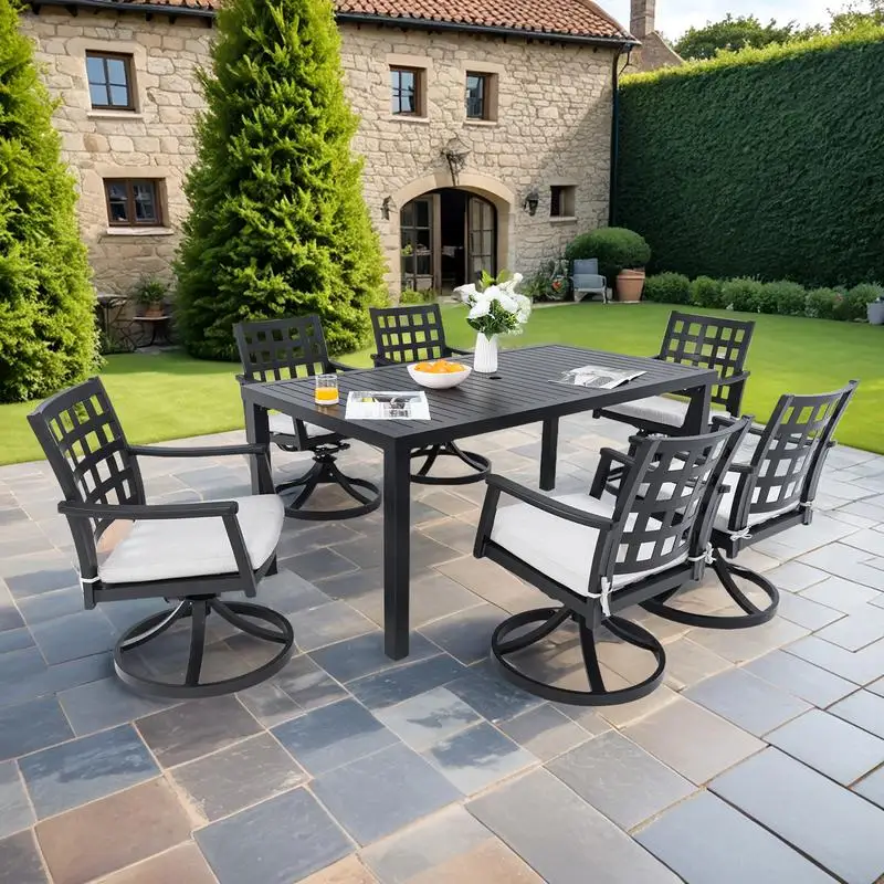 طقم طعام فناء كلاسيكي حديث مكون من 7 قطع مع طاولة مستطيلة و6 كراسي صخرية دوارة، ألومنيوم مصبوب خالٍ من الصدأ، جمرة مزخرفة #1