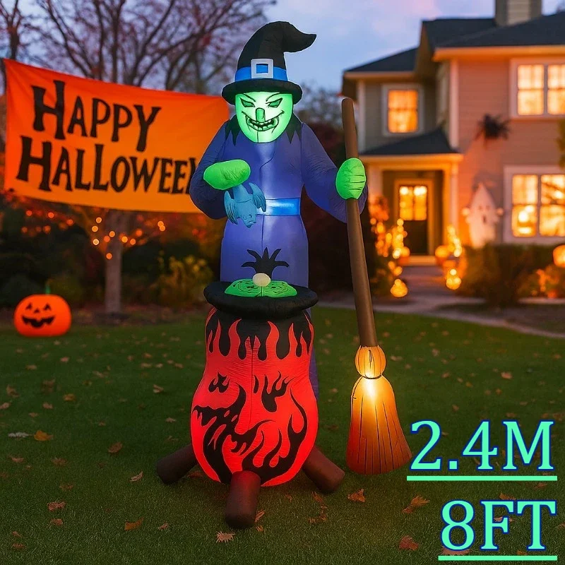 

8FT Outdoor Holiday Decoration Halloween Inflatables Toys Witch with Auto Rotation Cauldron Built-in LED Light Yard Garden Decor