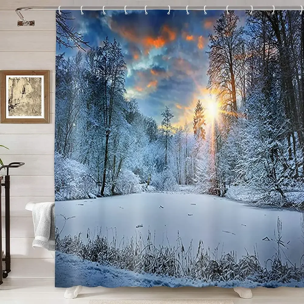 Christmas Winter Forest Scenery Shower Curtain Set Spectacular Sunset Snowfield landscape Bathroom Bathtub Decor Curtains Hooks