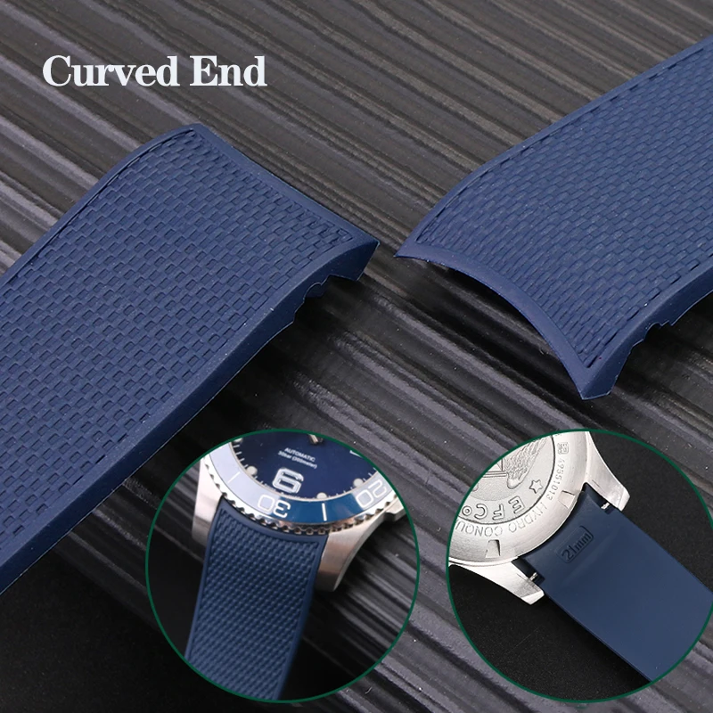 21mm Curved End Rubber Watchband for Longines Conquest HydroConquest L3.781 642 742 782 Sports Diving Silicone Blue Watch Strap