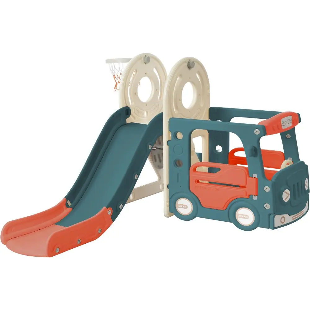 Kids Slide with Bus Play Structure Freestanding Bus Toy with Slide for Toddlers Bus Slide Set with Basketball Hoop