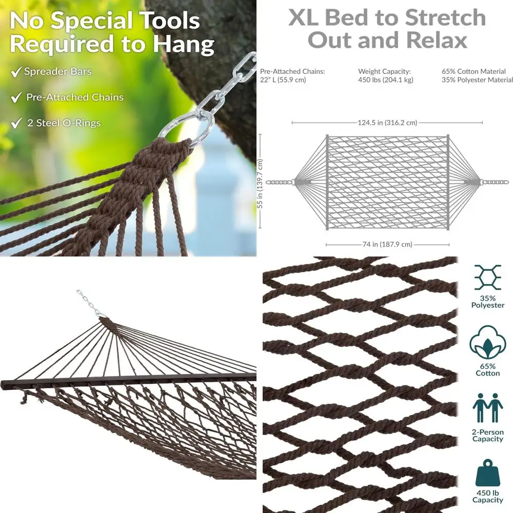 

Гамак из хлопчатобумажной веревки емкостью 450 фунтов для внутреннего и наружного использования, разбрасыватели в комплекте, коричневый