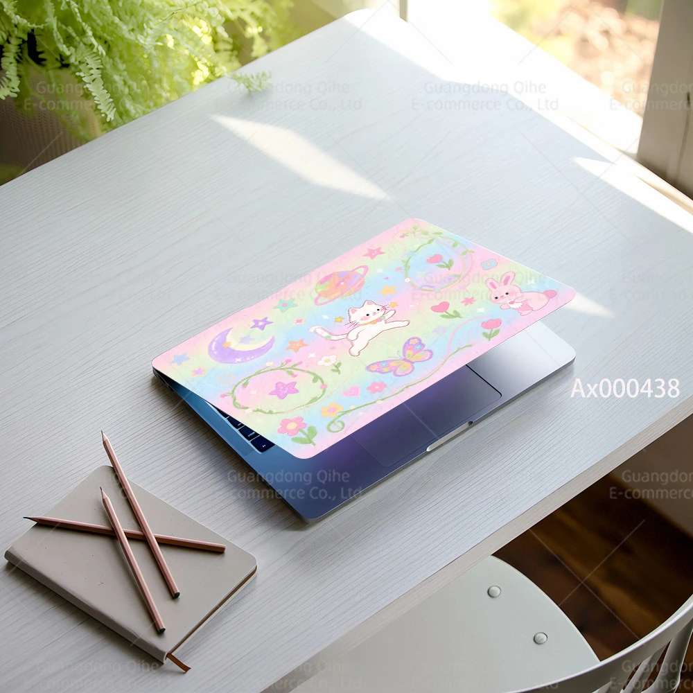 2 Pcs Dreamy Pastel Fairy-Tale Laptop Stickers Self-Adhesive Waterproof Decals for MacBook with Starry Sky & Cute Pets Crafts