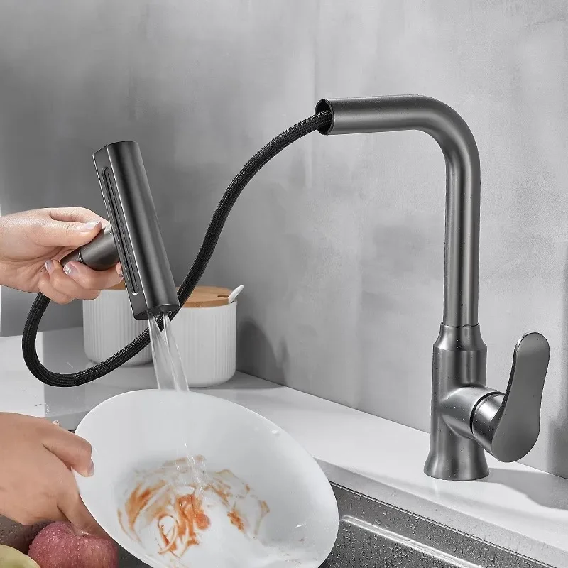 Gray Kitchen Faucet Black Waterfall Sink Faucet Pull Out Kitchen Tap Single Hole Swivel Water Mixer Tap Kitchen Tap