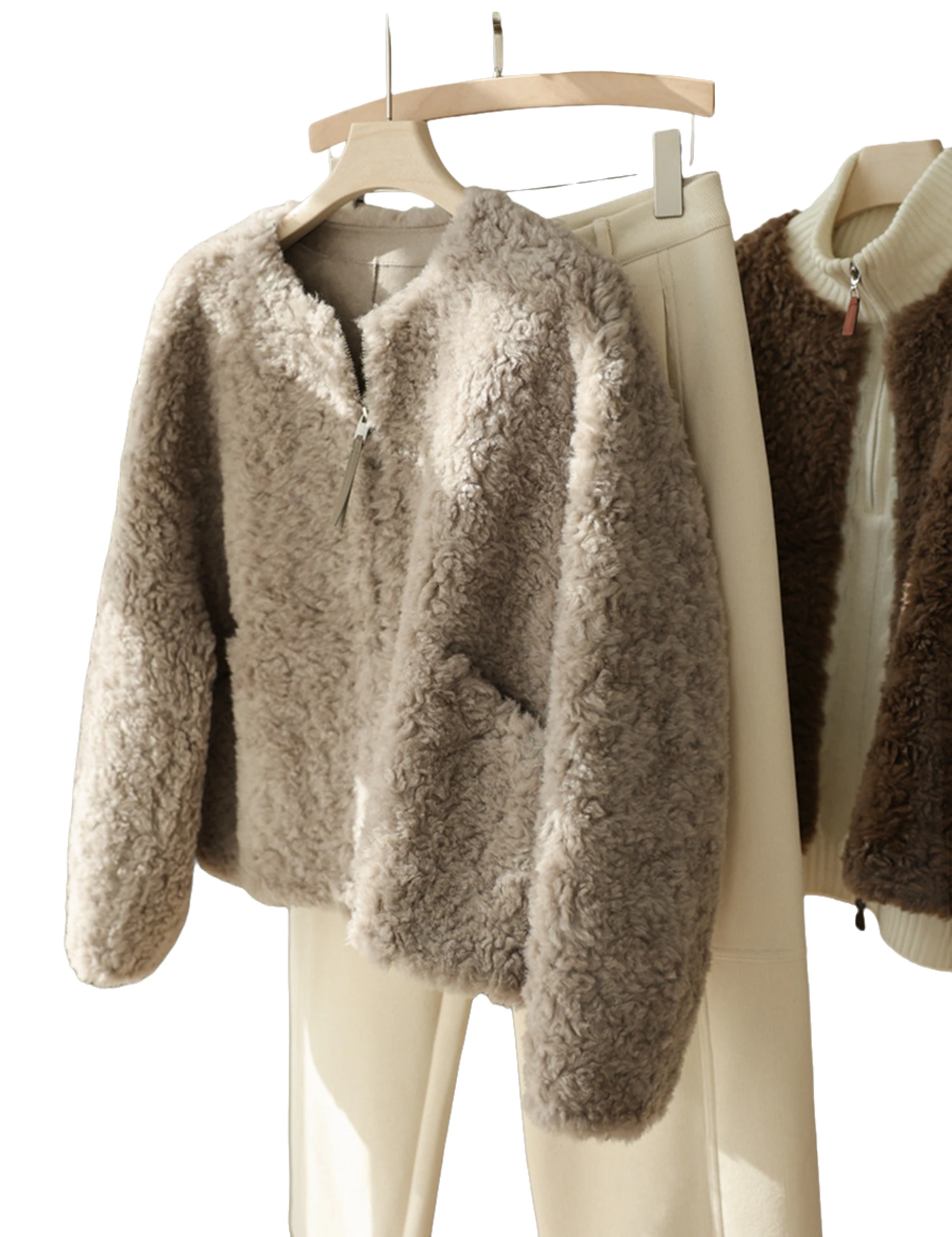 

100 Wool round-neck zipper cardigan coat for women in autumn and winter, short and petite coat with fur and fur in one piece