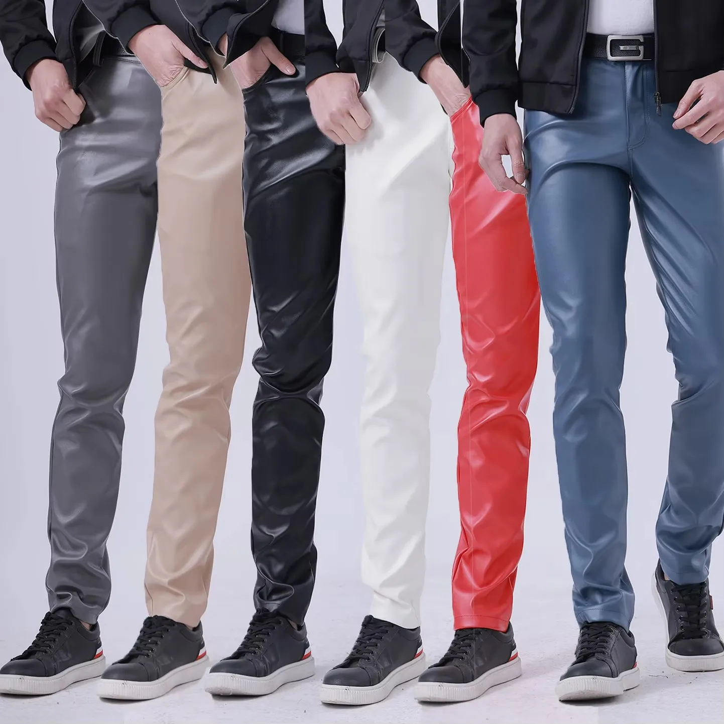 

Vintage Red Solid Leather Pants for Men Slim Fit Skinny PU Trousers Waterproof Biker Faux Leather Pants Autumn Harajuku Style