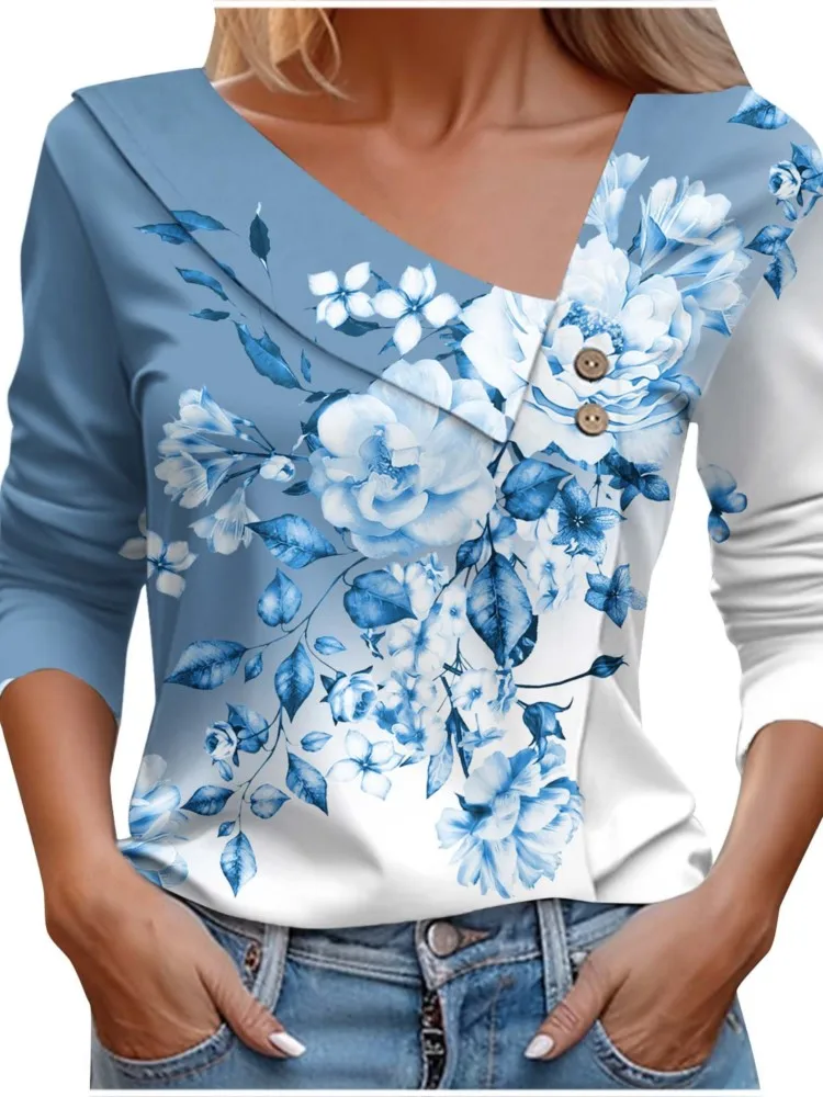 

Elegant T Shirt For Women Fashion Print Pulovers Long Sleeve Tops Chic Shirts & Blouses Autumn Youthful Woman Clothes 2023