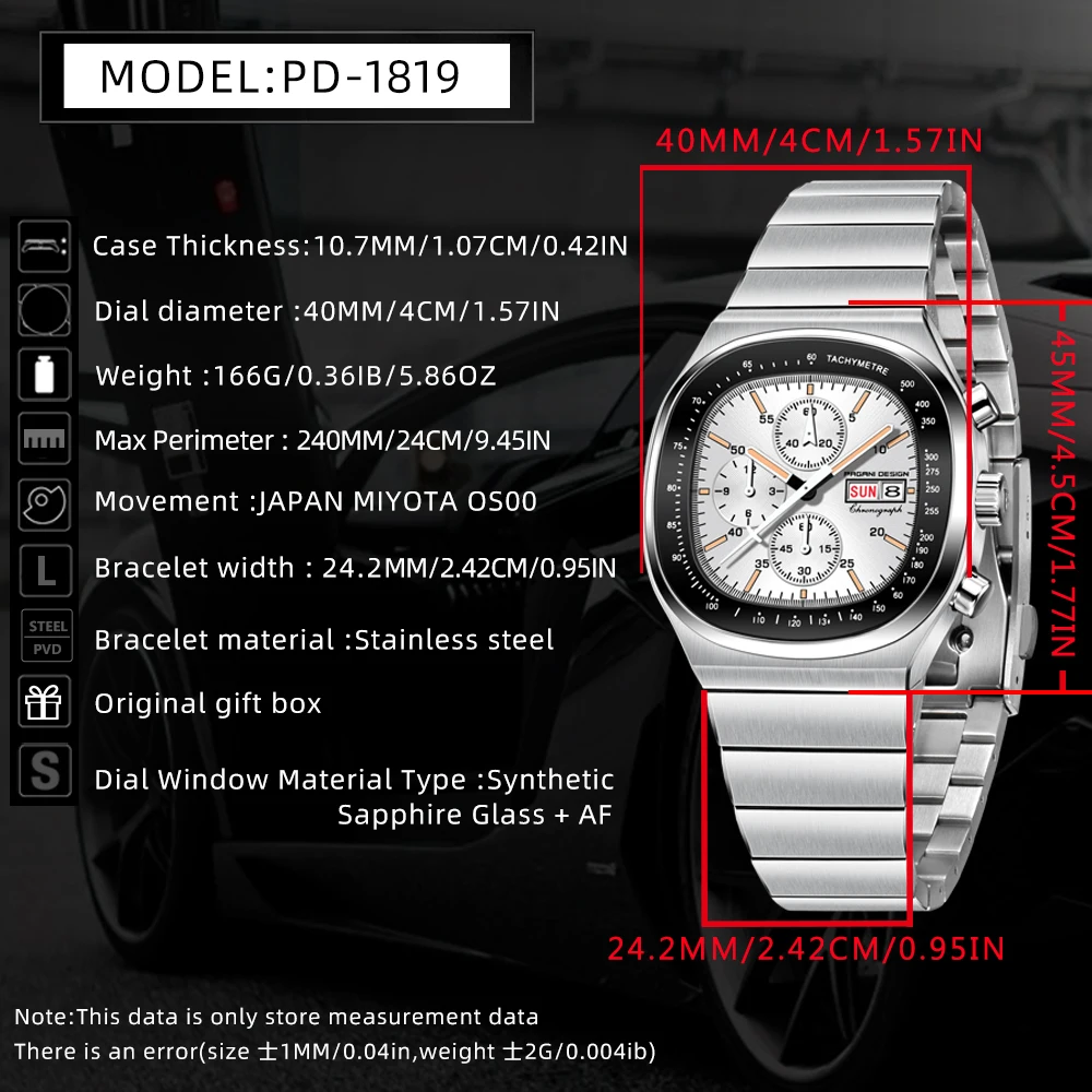 Pagani Design 40MM Men‘s Quartz Watch MIYOTA OS00 Sapphire Waterproof 10Bar Speed Tester Clock Reloj Hombre PD1819