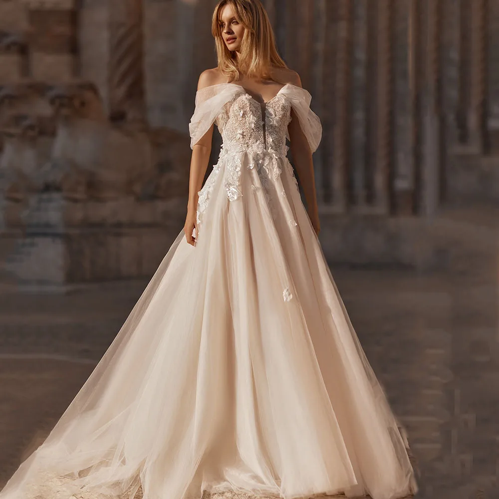 

Msikoods Off Shoulder Tulle Wedding Dresses Women Customized 2025 Bride Dress Lace Appliques Sexy High Slit Boho Bridal Dress