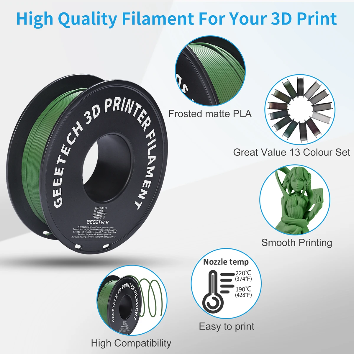 Geeetech 1kg 1,75mm Matowy PLA Filament do drukarki 3D Pakowanie próżniowe Magazyny zagraniczne Różnorodność kolorów Szybka wysyłka