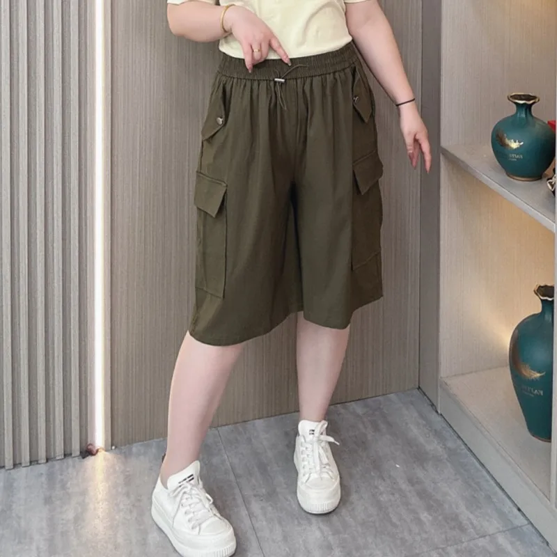 Summer Plus Size Cargo Shorts Female Elastic High Waist Loose Thin Casual Personality Wide Leg Knee Length Pants