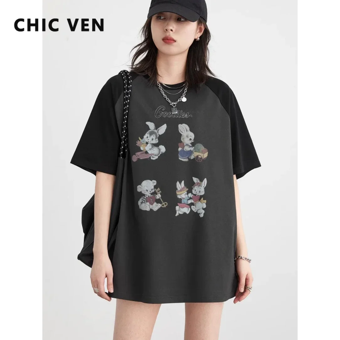 

CHIC VEN Women T-Shirts New Contrast Raglan Short Sleeve Woman T Shirt Rabbit Printed Girl Tees Loose Female Top Summer 2024