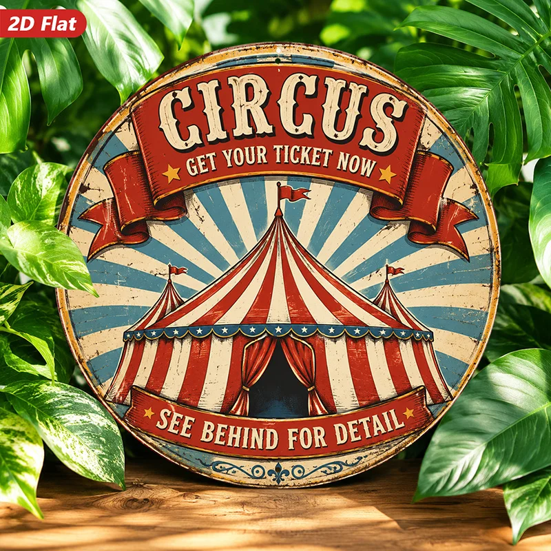 2D Flat, 1pc Circus Vintage Poster Round Metal Sign Wall Art, Red And Cream Big Top, Home Decor, Retro Circus Tent, Bold Ticket