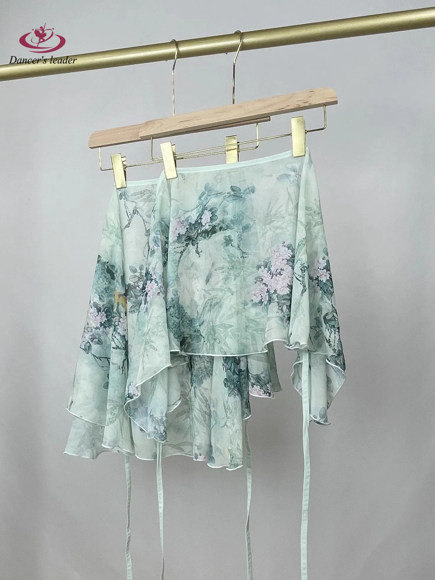 Ballet Dance Skirt Green Birdsong Flower Fragrance Printing Chiffon Half body Skirt Classical Dance Body Skirt Teacher Skirt