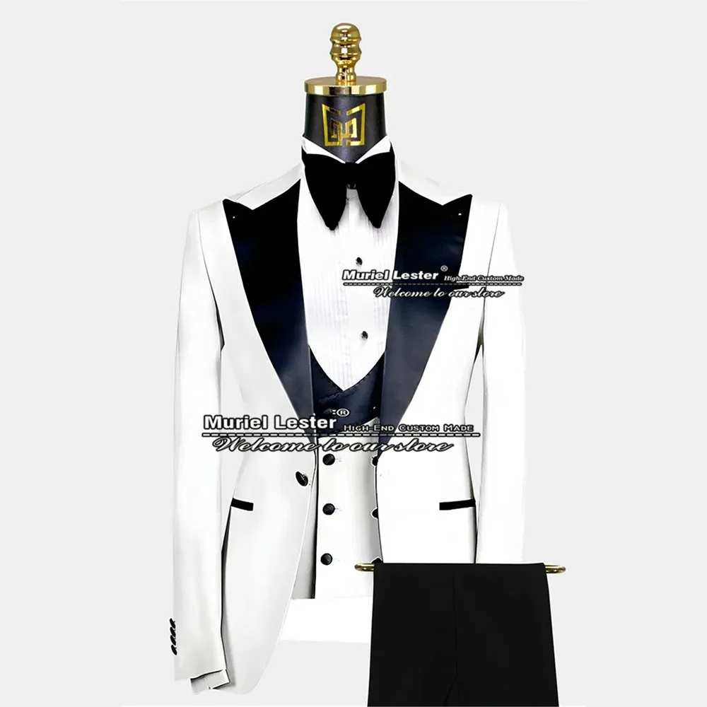

Spring/Summer White Suits Men Black Lapel Coat+Vest+Pants 3 Pieces Goomsman Tuxedo Custom Made Formal Party Blazer Set Masculino