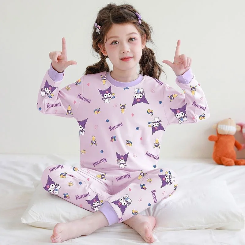 Sanrios Girl Pajamas Child Lounge Clothes Autumn Winter Anime Kuromi Delong Keep Warm Cartoon Autumn Clothes Long Johns Suit