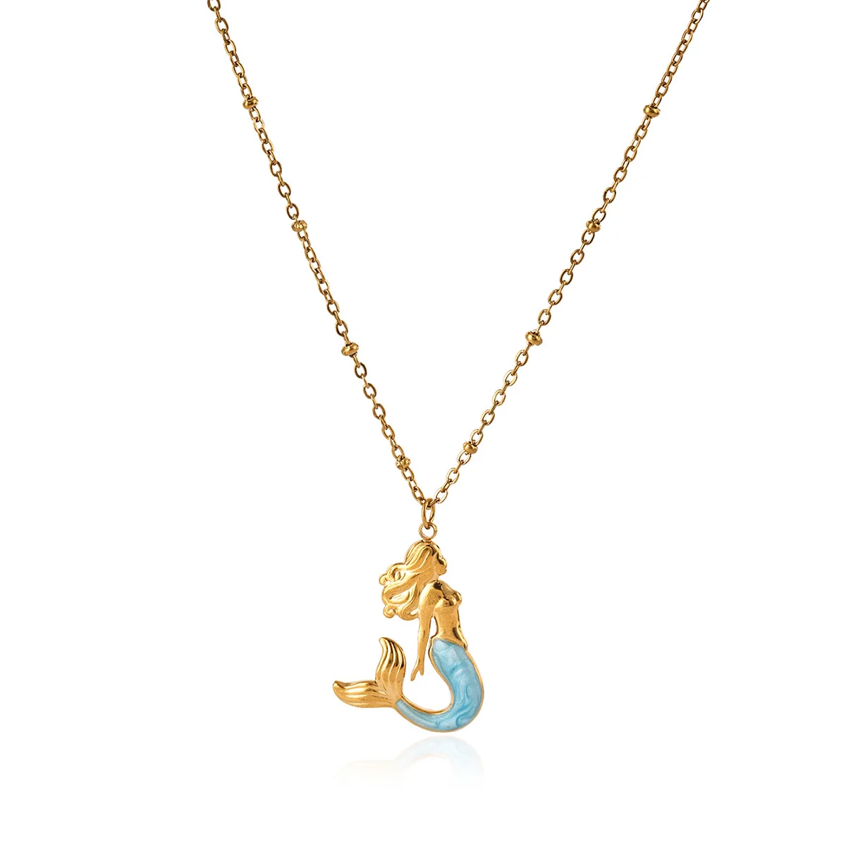 Blue Enamel Mermaid Pendant Necklaces For Women Gold Color Stainless Steel Beaded Chain Necklace Summer Beach Fashion Jewelry view 6