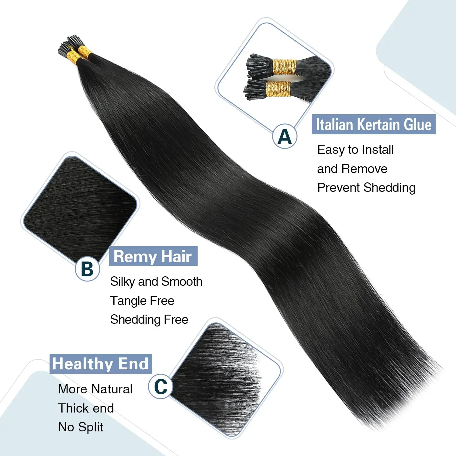 Straight I Tip Hair Extensions Human Hair #1B Natural Black Human Hair Remy Itip Human Hair Extensions 50g/Pack/50Strands