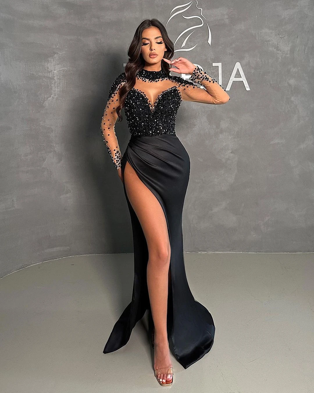 Black Mermaid Prom Vestidos com Pérolas Cristais e Beading, Evening Party Dresses, Hot Celebrity