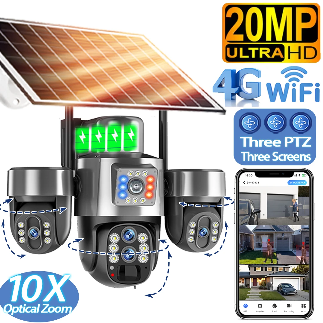 Câmera solar 4g de 20mp, 4 lentes, zoom óptico 10x, 3-ptz, wi-fi externo, três telas, rastreamento automático, câmeras de vigilância wi-fi v380 pro
