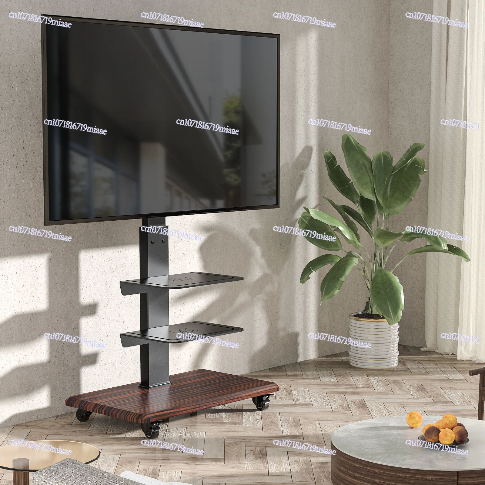 

Black Floor Modern Rolling TV Stand with Dual Shelves and Wooden Base for 40-75 Inch TVs