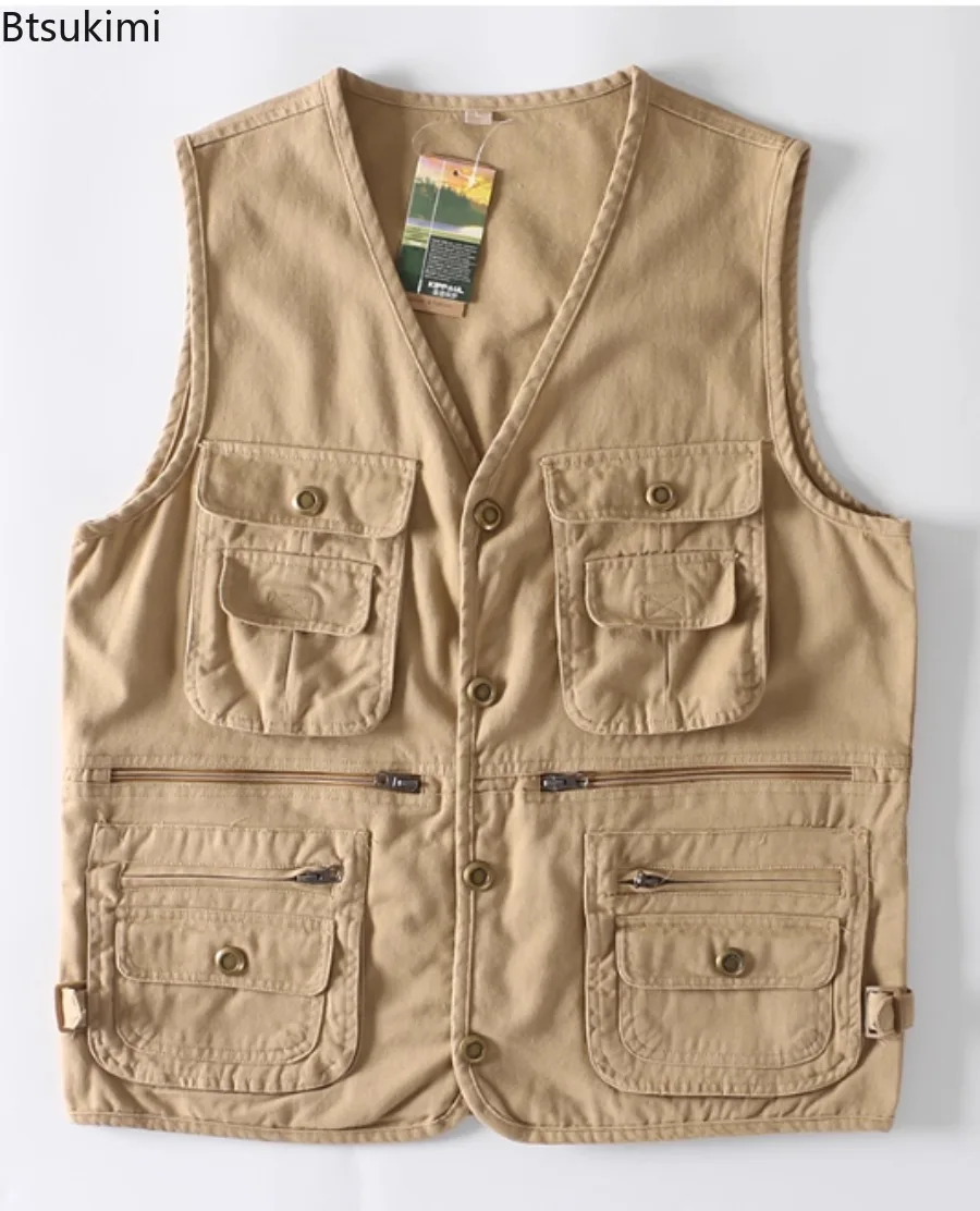 Men's Cotton Vest Multi-Pocket Cargo Vest Breathable Waistcoat Outdoor Climbing Mountaineering Kiking Vest Fishing Casual Vests