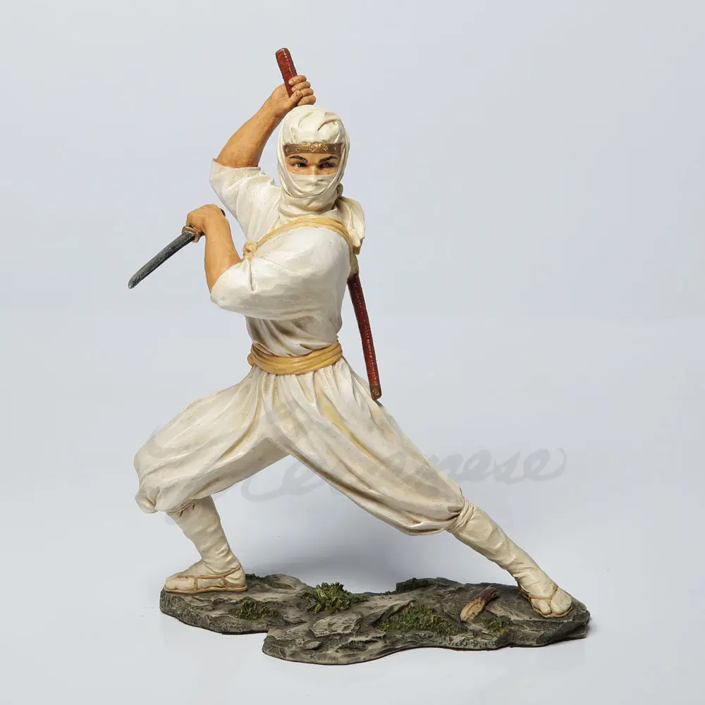 Traditional Japanese Ninja Statue Resin Figurine White Robe with Right Hand Drawing Sword for Home Living Room Study Display