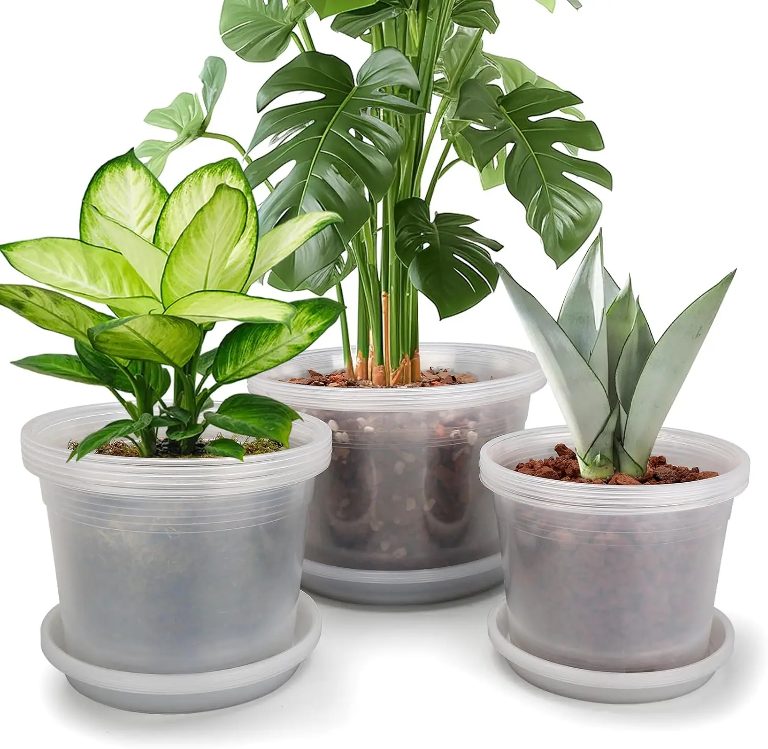 

8/10/12 Inch Clear Nursery Pots with Drainage and Sacuers, 15 Pack Plastic Pots for Plants Indoor Outdoor, Variety Large
