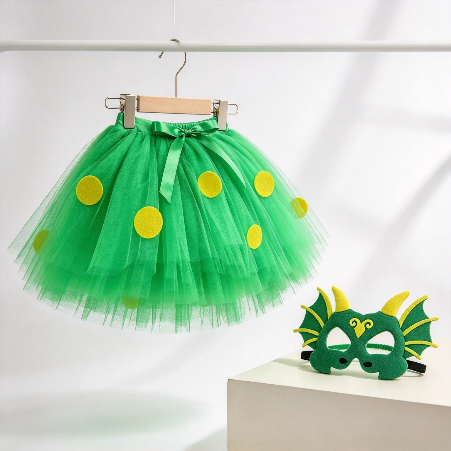 Toddler Cartoon Green Dinosaur Mesh Mini Princess Skirt With Funny Mask For Birthday Halloween Jungle Animal Themed Party Outfit