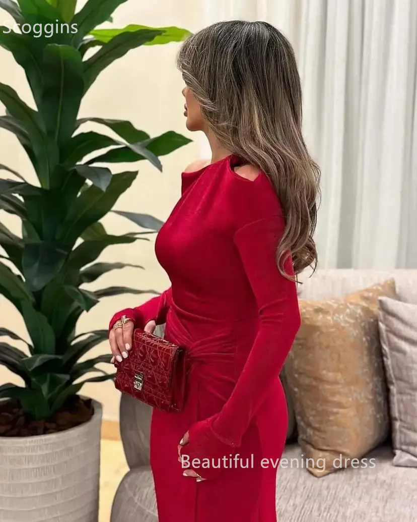 Scoggins فساتين سهرة Mermaid Long Sleeves Prom Dresses Pleated Side Split Ankle Length Women Evening Dresses Party Dresses