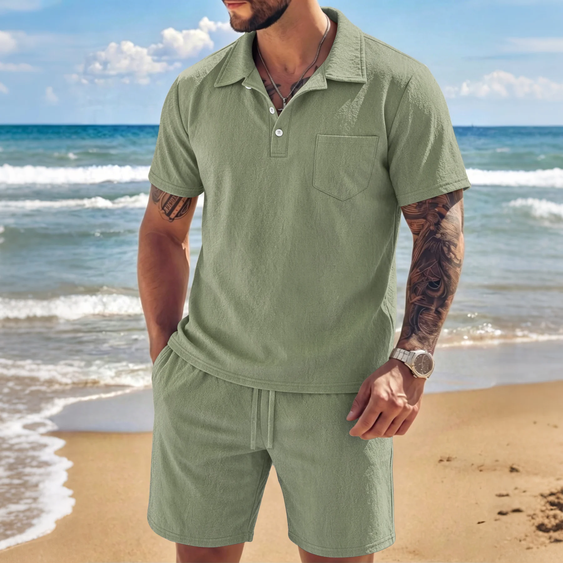 Men's Textured Linen Polo Shor - Short Linen Drawstring recension och pris