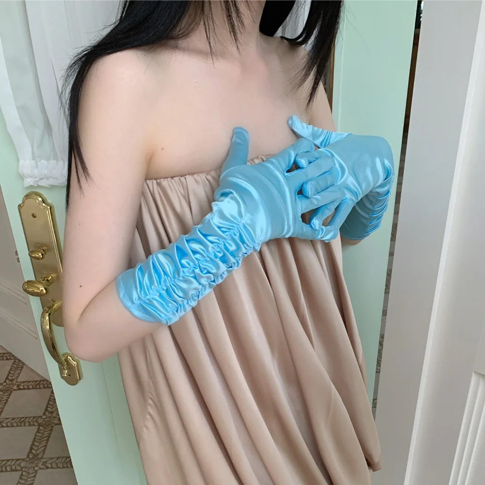 Long Satin Ruched Gloves Elegant Solid Color Stretch Opera Gloves Wedding Party Evening Dress Decor Fashion Women Accessories