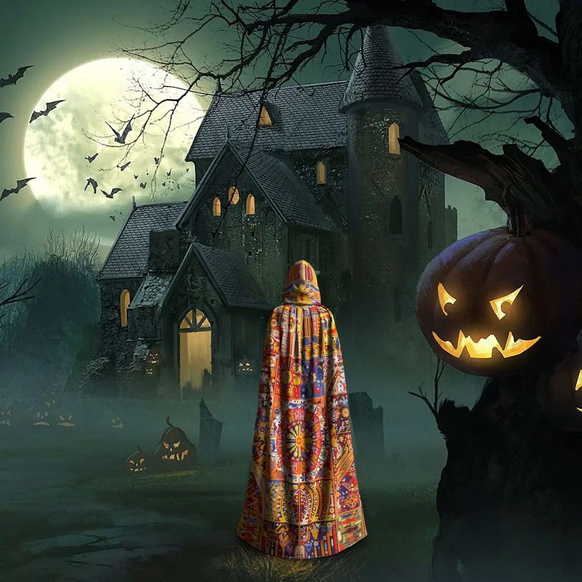 HUICHOL TILES Jubah Panjang Berkerudung Penyihir Kostum Abad Pertengahan Cosplay Cape Pesta Halloween Dewasa Unisex