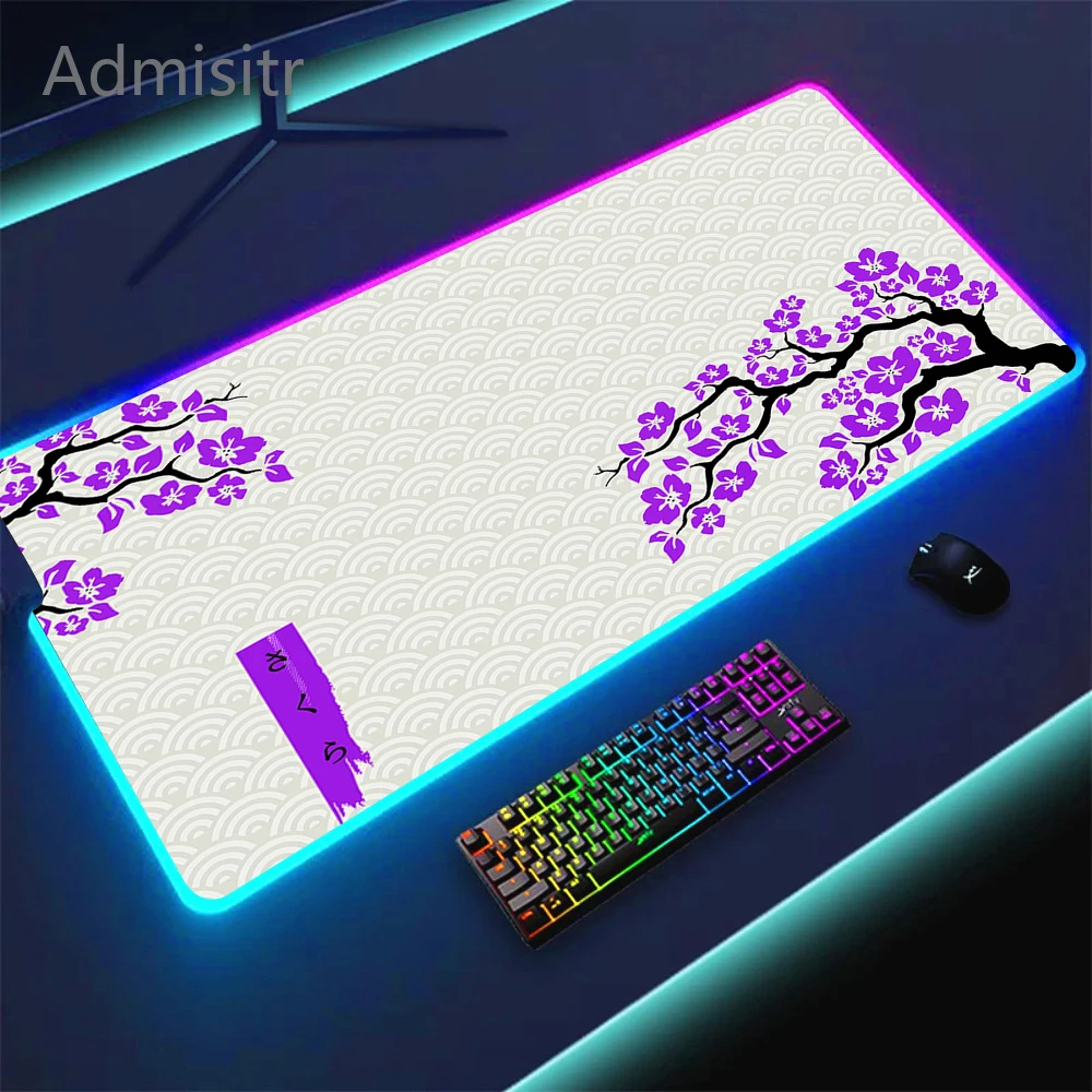 XXL Large Size Keyboard Desk Mat Japanese Cherry Blooms HD Mousepad RGB Purple Sakura LED Table Pad Office Pc Gaming Cabinet mat