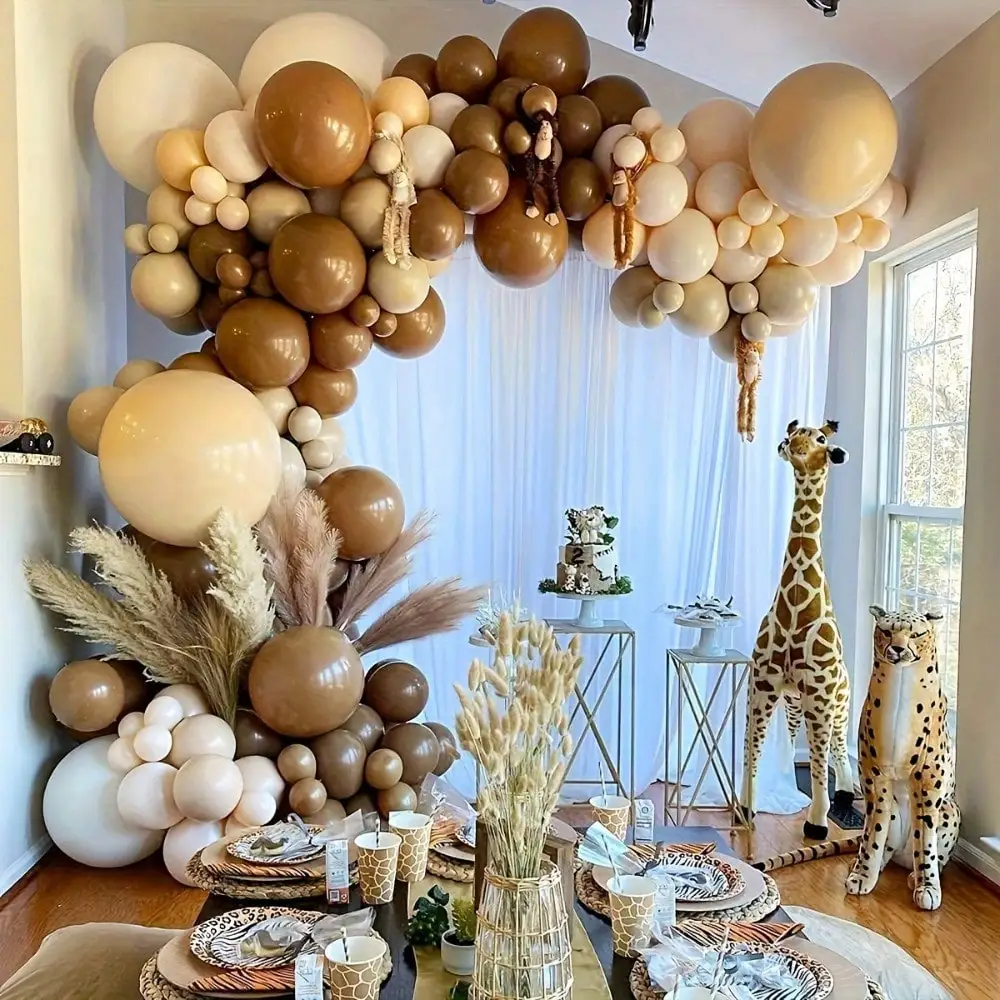 Neutral Coffee Nude Safari Balloon Garland Kit, Matte Cocoa Beige Cream Latex Balloons with Boho Tassel Monkey Foil Balloons, Wild One Jungle Animal Theme Baby Shower Boys 1st Birthday Photo Booth Backdrop Decor Supplies