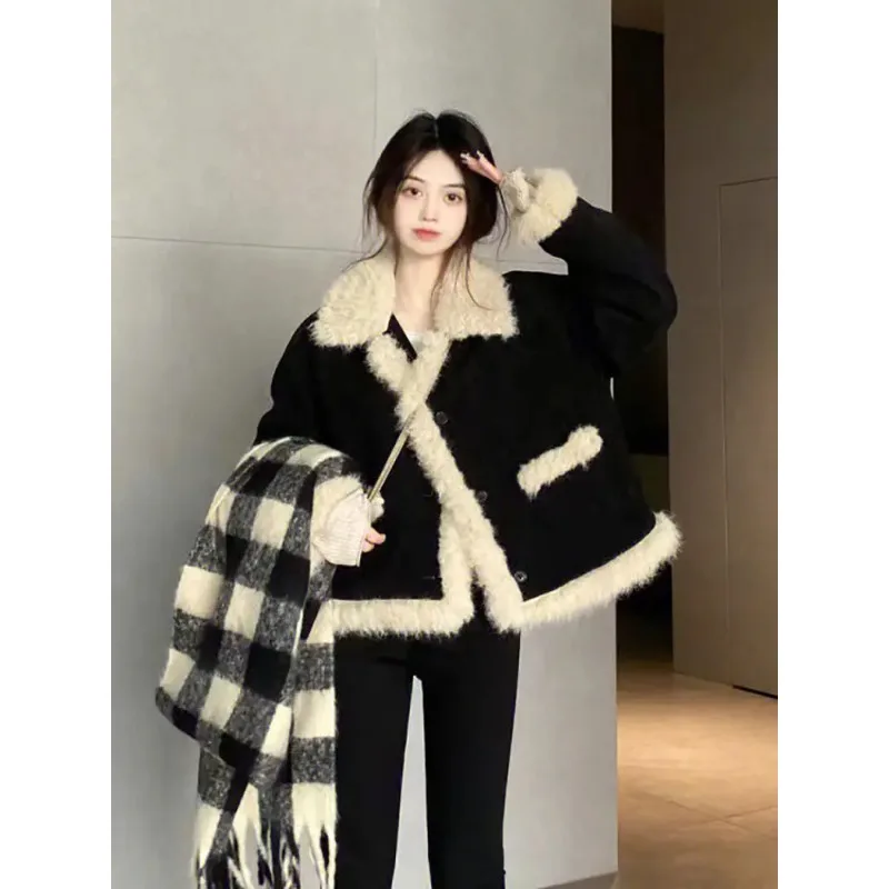 2024 New Thickened Spliced Fake PU Leather Coat Winter Fur Integrated Fashion Loose Fit Jacket Lamb Wool Elegant Wear N85