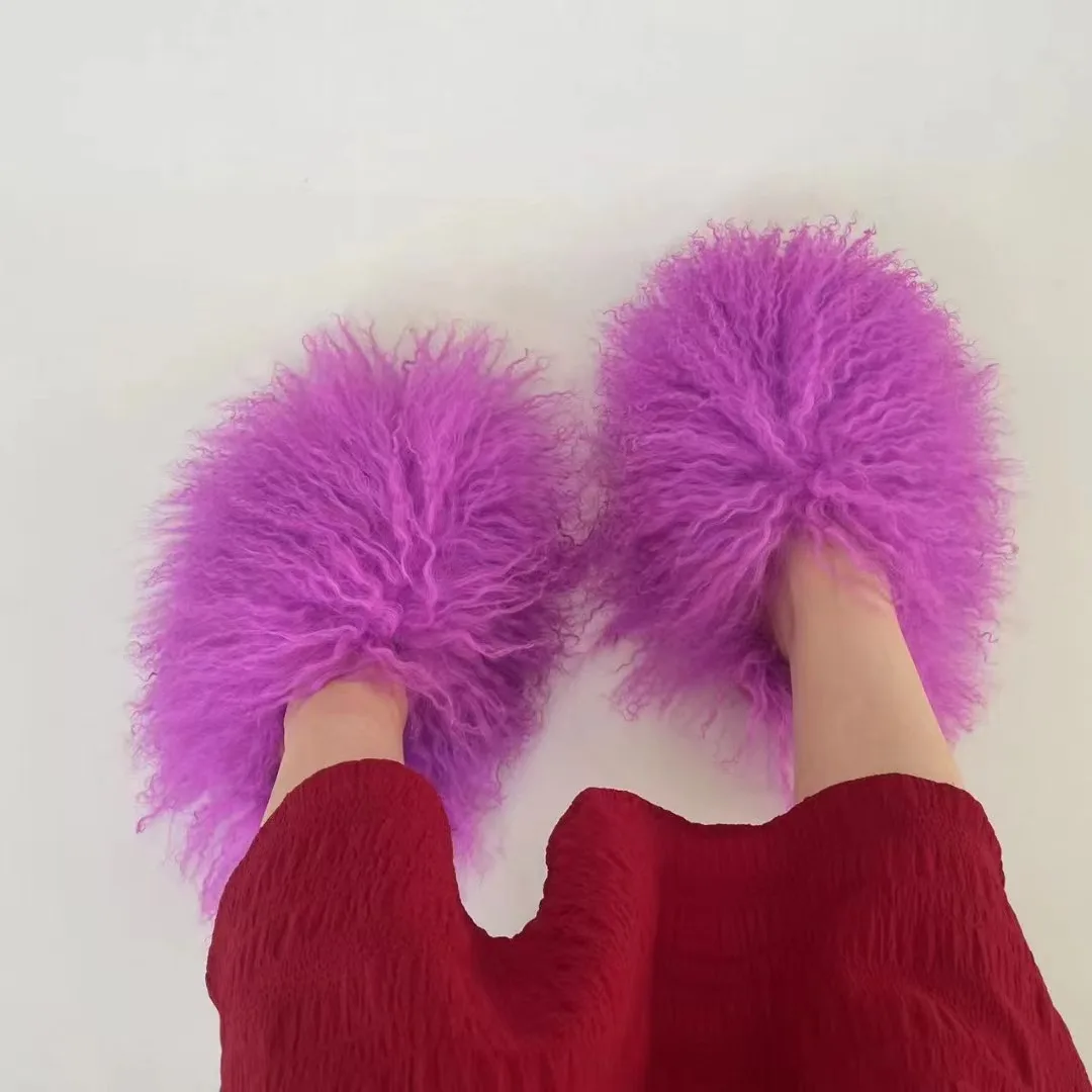 luxury style women fur flat shoes sheepskin fur slipper Mongolian Fur Slides