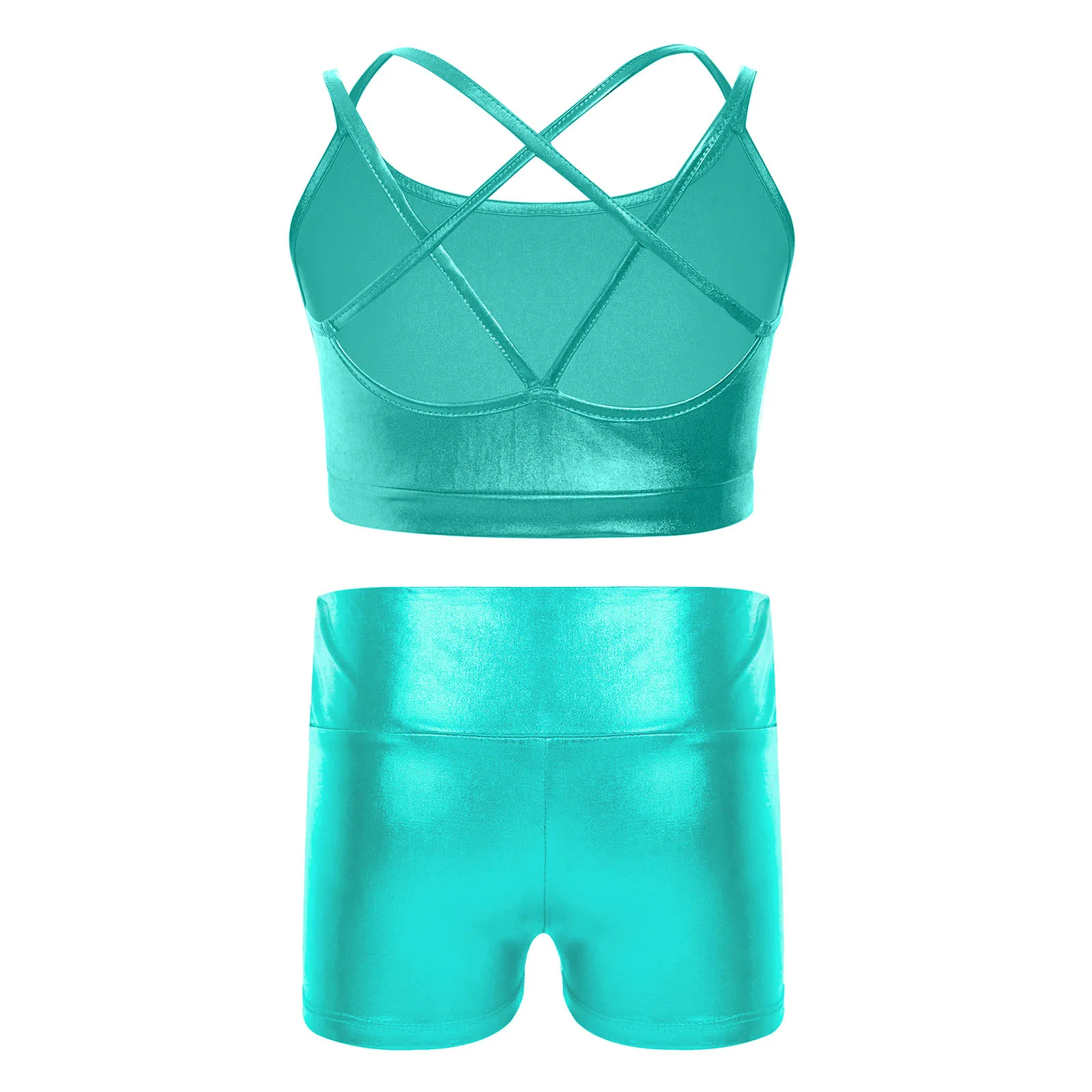 Kids Girls Jazz Ballet Dance Gymnastics Leotard Metallic Shiny Crop Tops with Shorts Tankini Outfits Gym Workout Yoga Dancewear