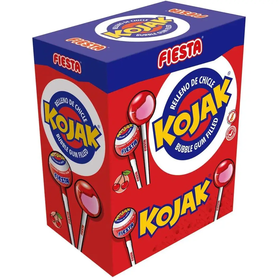 Kojak Fiesta - Caja 100 Kojak - Sabores: Cereza - Cola - Helado - Power - Sandia. Chupa Chup Kojak Relleno de Chicle