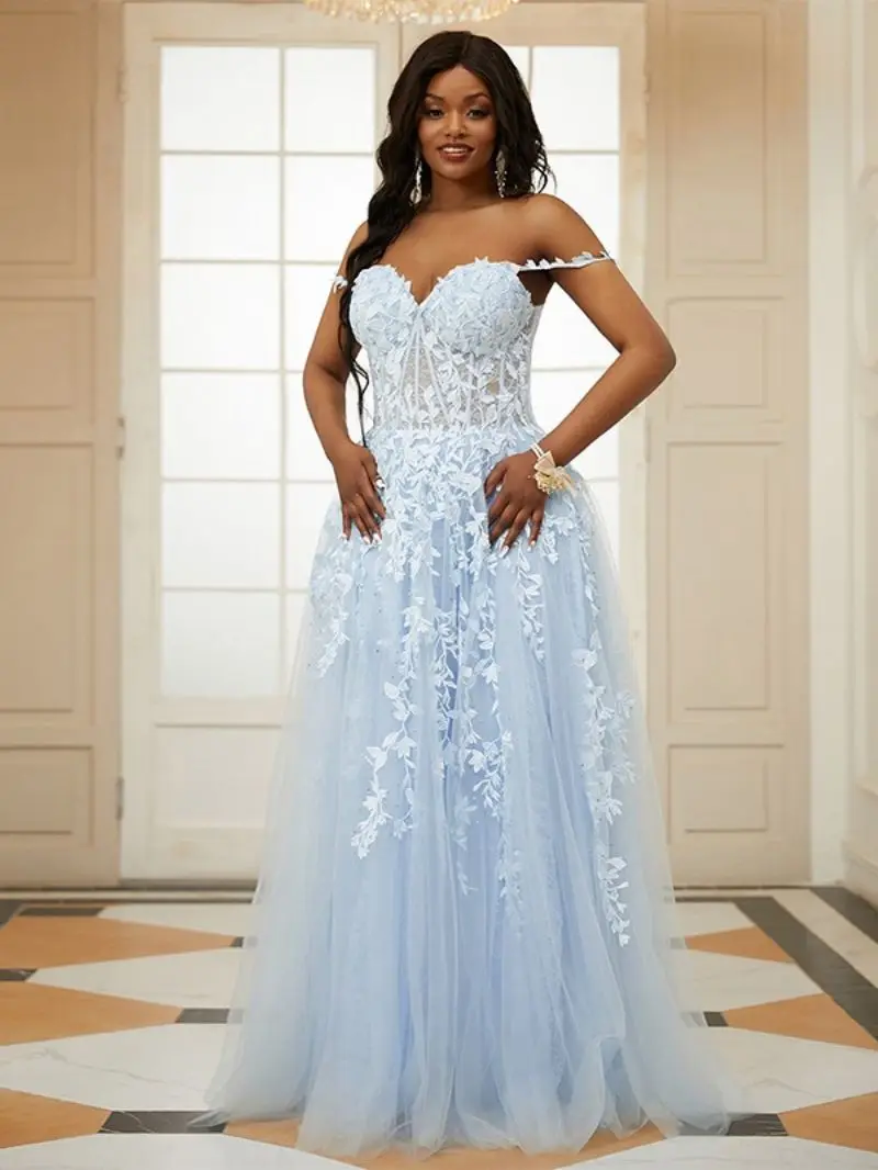 

A-LineTulle Applique Off-the-Shoulder Sleeveless SweepTrain Dresses 2024 Spaghetti Straps A-Line Evening Cocktail Party Dresses