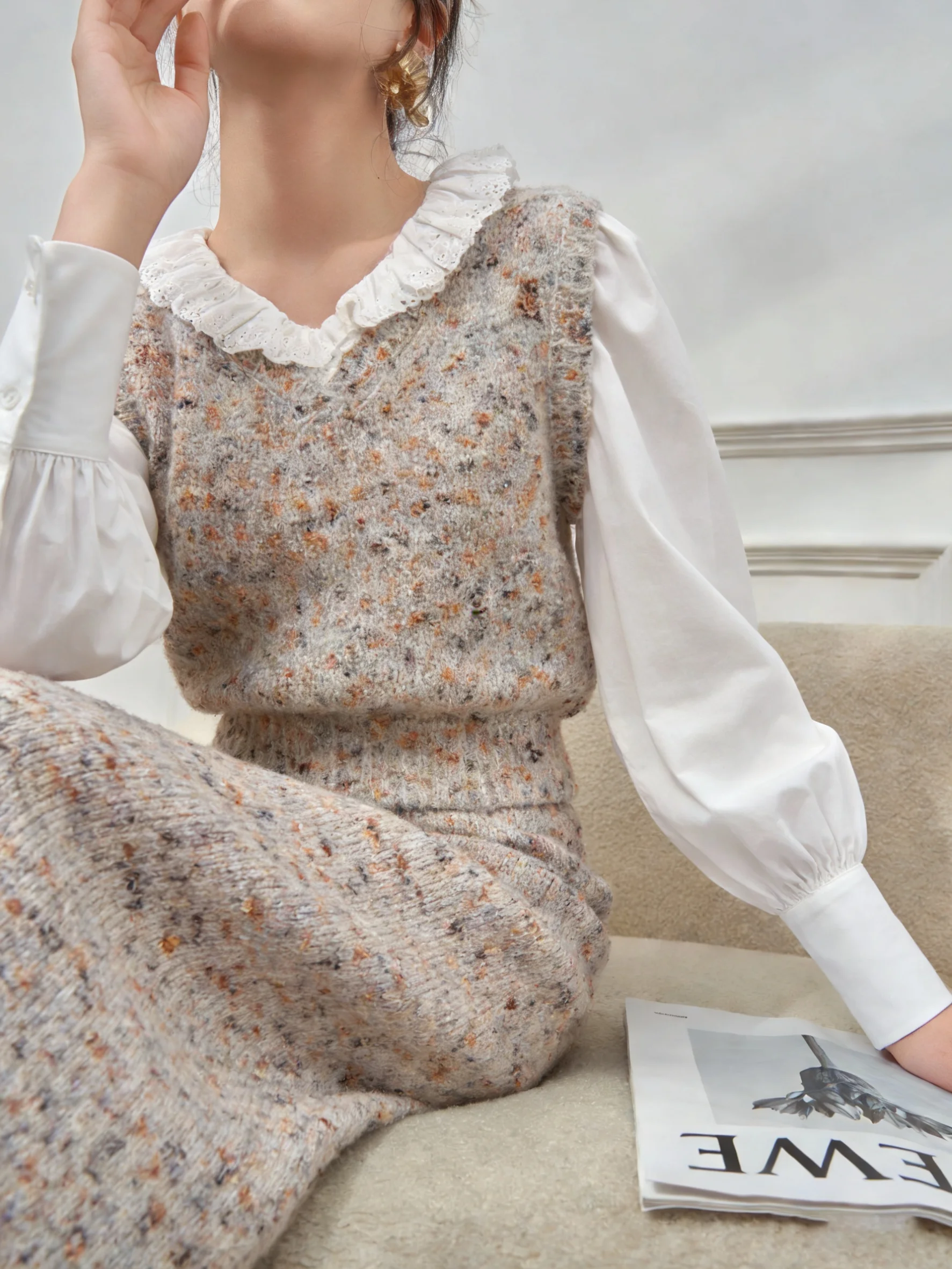 

Комплект: вязаный жилет и юбка с высокой талией, женский модный повседневный комплект на весну, свободный крой, круглый вырез, без рукавов, однотонный