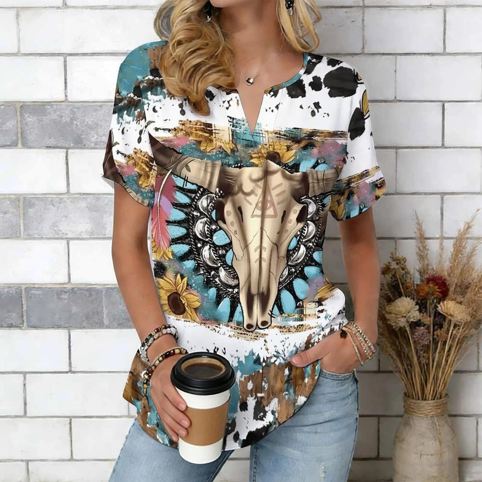 Women Print Notched V Neck Short Sleeve Casual Loose Tunic Tops