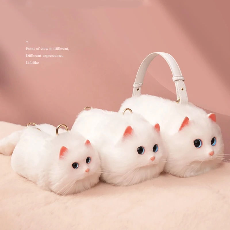 2023 New Fashion Plush Bag Women Animal Mini White Cat Shoulder Bag Girls Cute Fur Mobile Phone Bag Ladies Female Purse Chain