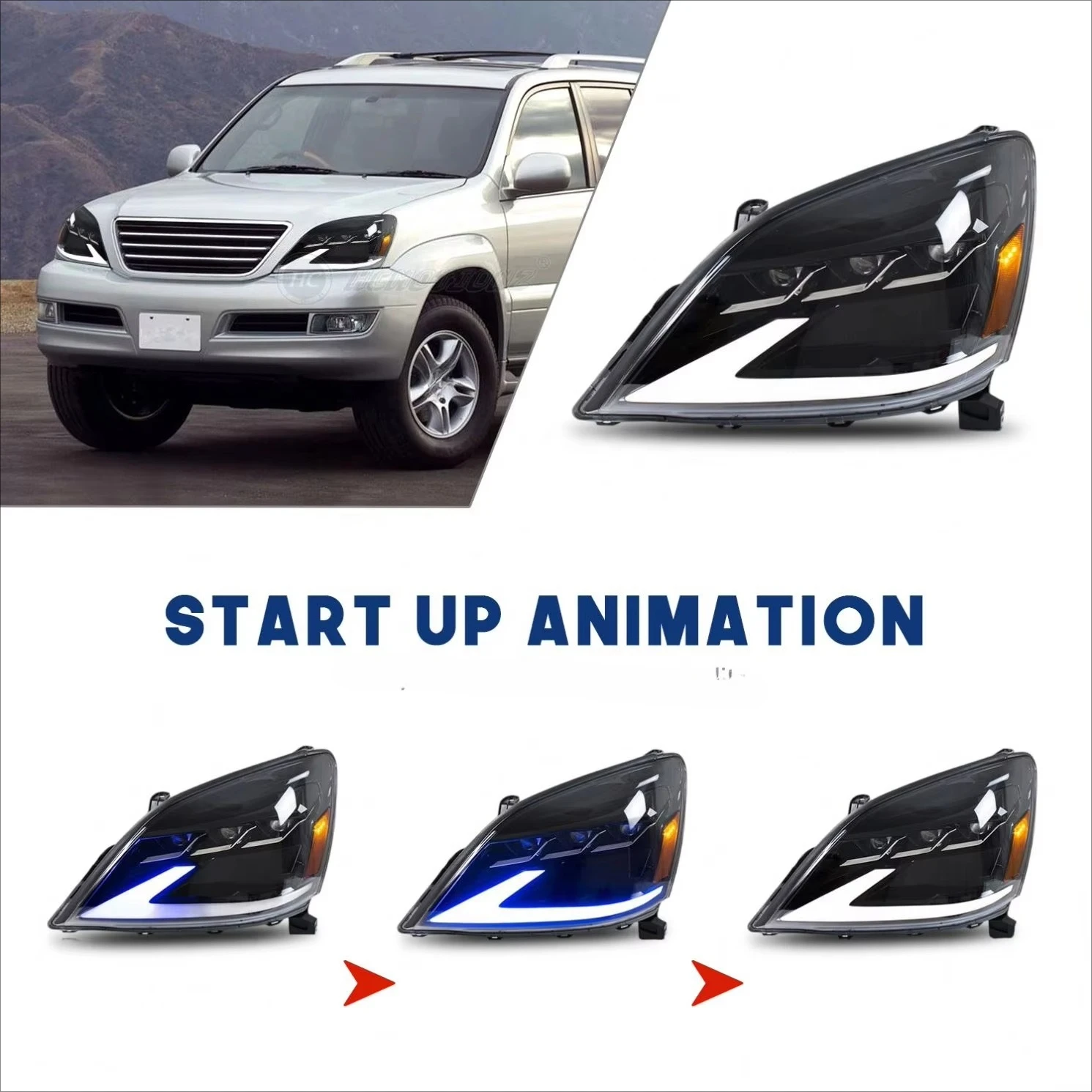 LED Head Lights for GX 470 2003-2009 J120 DRL Start up Animation Car  Assembly Front Lamps