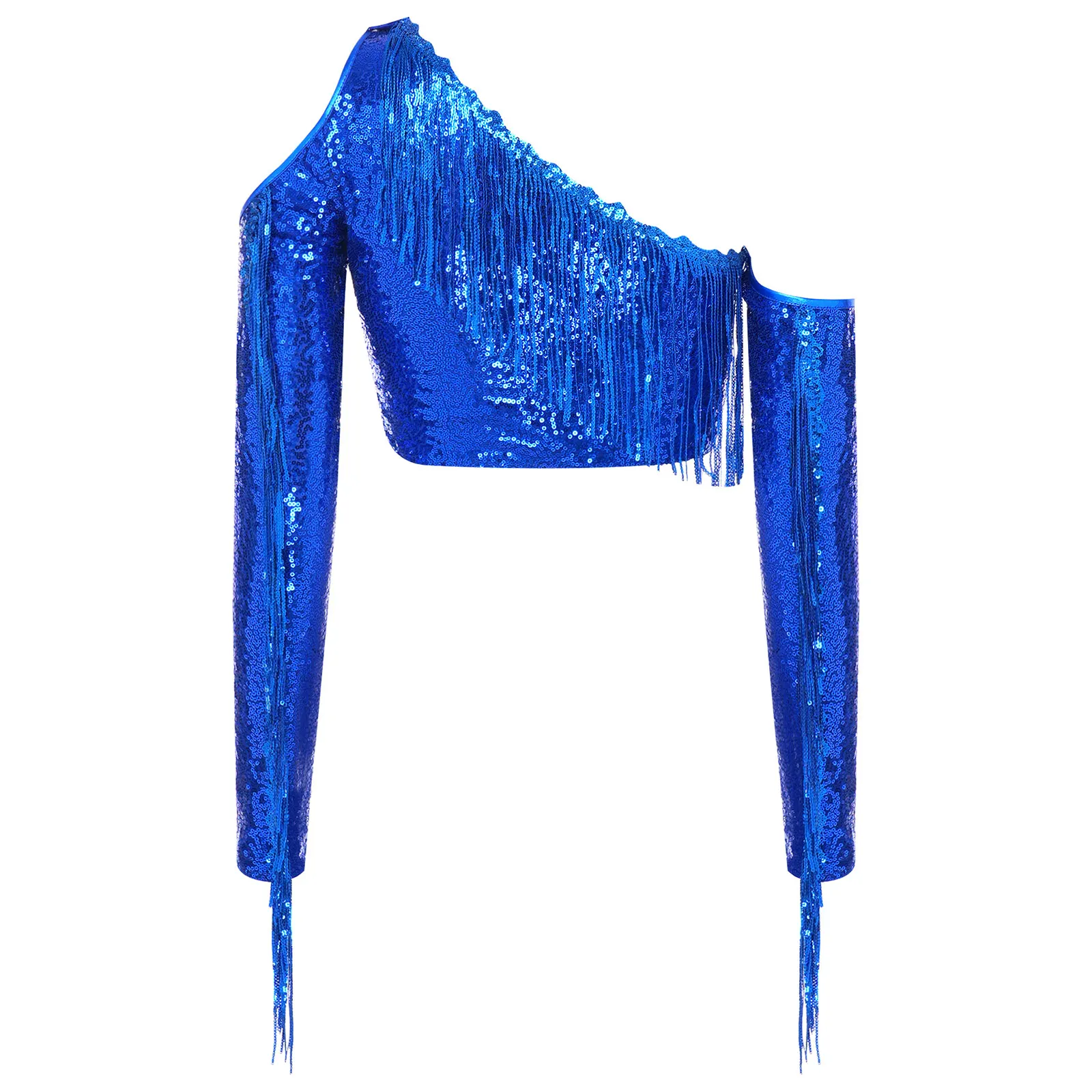 Women One Shoulder Sequins Crop Top Long Sleeve Tassel Cropped T-shirt Sparkly Blouses Dance Party Pullover Top