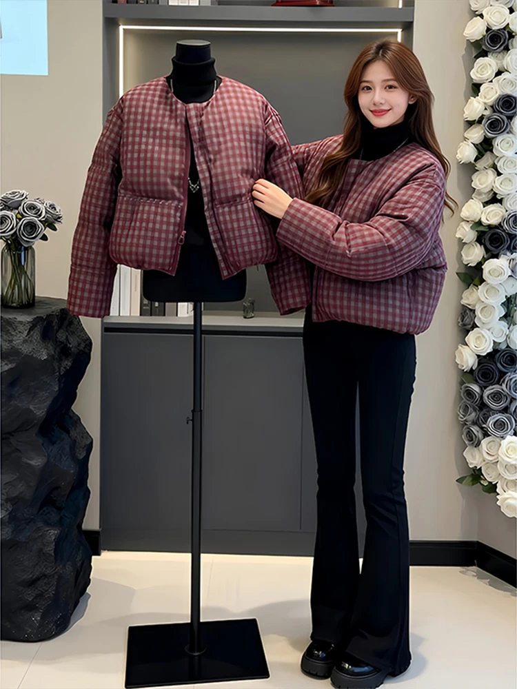 

Trendy Plaid Splicing round Ne Cotton Jaet Women's Winter New Sle Warm Thiened Loose Slimming ort Cotton Coat
