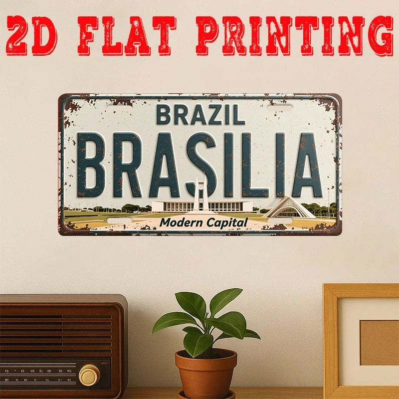 2D Flat - [2D Flat] 2D Printed Sign, One Piece, Vintage Metal Tin Sign (29.97 * 14.99 cm), Brasília Modern Capital Sign, Retr