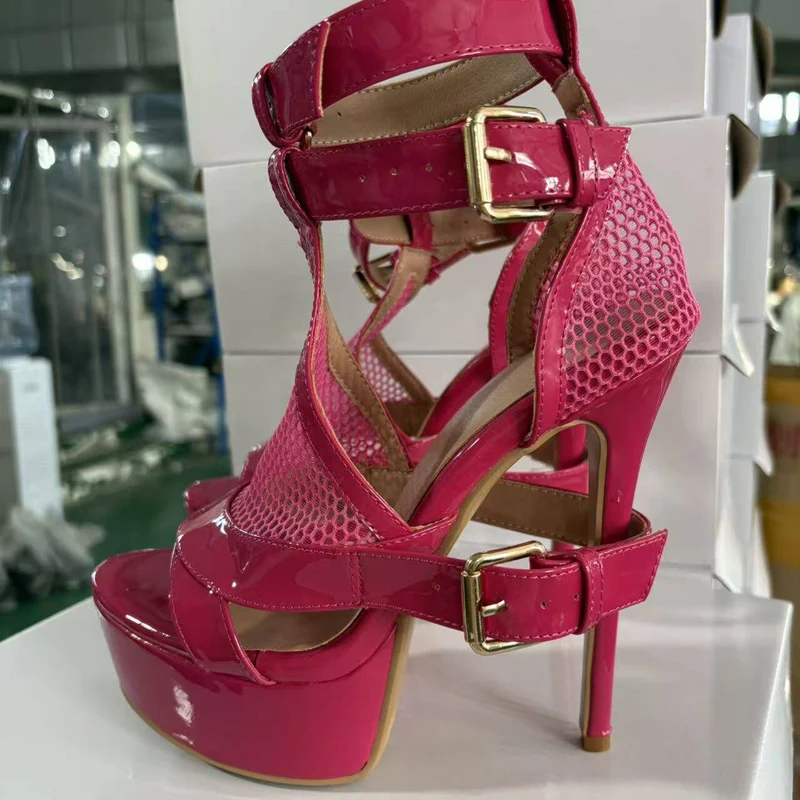 Hot Pink Orange Mesh Patchwork Buckle Strap Fasten Heel Platform Sandals Woman High Heel Banquet Stage Pumps Shoes